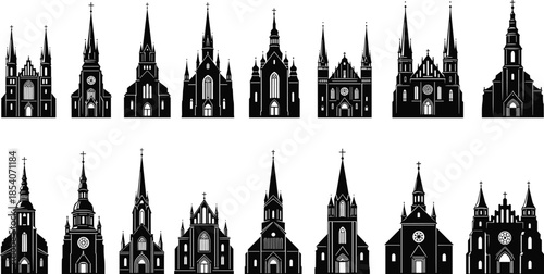 Gothic church silhouette collection, cathedral architecture icons, religious buildings, medieval towers, Christian landmarks, black vector set