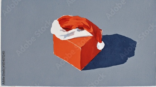 Christmas festive orange box with red Santa hat (white trim and pompom) on solid gray background, dark shadow included. Painting-style holiday decor ideal for wallpaper, poster, seasonal greeting