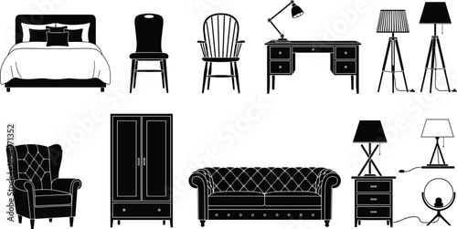Home furniture silhouettes collection, bed chair sofa desk lamp wardrobe interior decor set, modern household objects, black icons isolated on white