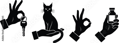 Hand gesture silhouettes collection, holding keys cat bottle ok sign symbols, minimal black icons, human hands isolated on white