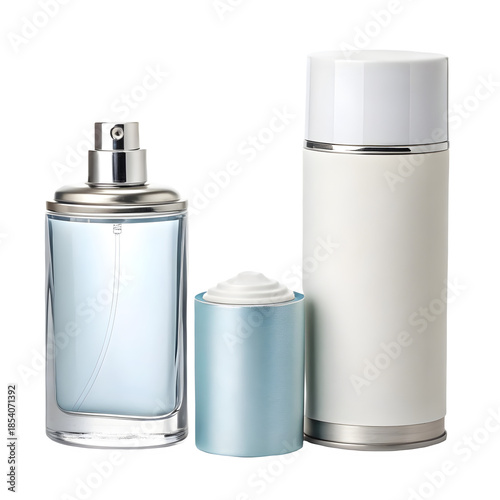 A blank silver aluminum bottle of perfume or deodorant spray isolated on a white background as a metallic container for aerosol paint or beverage shaker