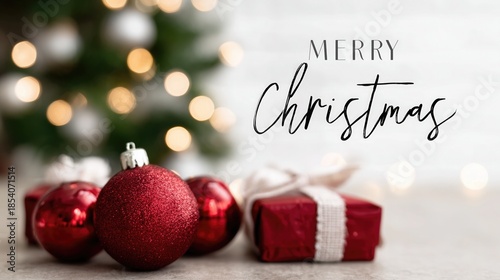 MERRY Christmas handwritten text with red glitter baubles, wrapped gift box, bokeh tree lights background. Festive holiday decor ideal for wallpaper, poster, greeting card or seasonal celebration 