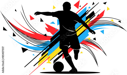 Silhouette of soccer player with abstract elements. Perfect for sports blogs, posters, or social media posts with dynamic visuals.