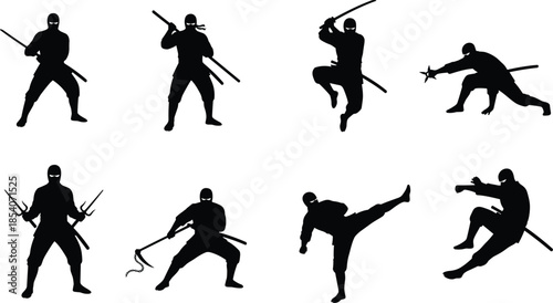 Ninja fighter silhouette set showing martial arts warrior poses with swords kicks isolated on white background illustration combat concept action