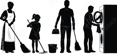 Household cleaning silhouettes collection, family chores sweeping mopping laundry washing duties, domestic work lifestyle concept, black figures isolated on white