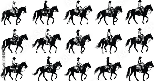 Horse riding silhouettes collection, cowboy equestrian poses, western horseback movement, animal sport action, ranch lifestyle, black vector illustration set
