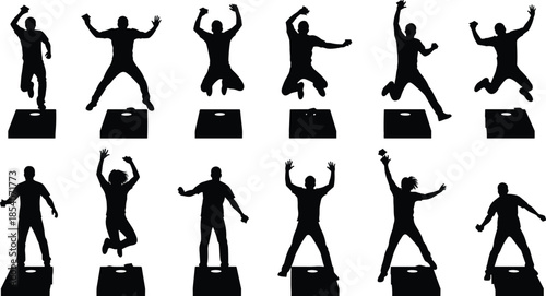 Jumping people silhouettes collection, energetic celebration poses, success happiness concept, freedom motion, winning emotion, black vector set, illustration, dynamic, action