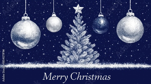 Merry Christmas text with sketched Christmas tree, hanging baubles, star (dot art style) on starry dark blue background with snow. Ideal for wallpaper, poster, festive holiday decor.