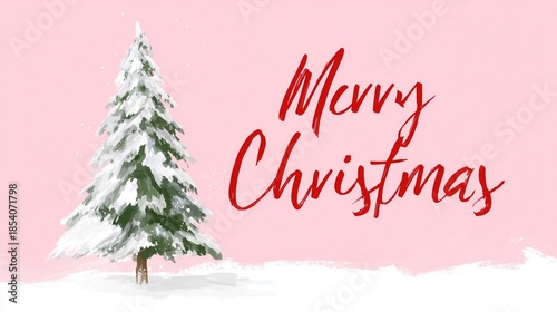 Merry Christmas handwritten text with snow-covered pine tree, painted style winter scene on soft pink background. Ideal for wallpaper, poster, festive holiday decor or seasonal greeting design.