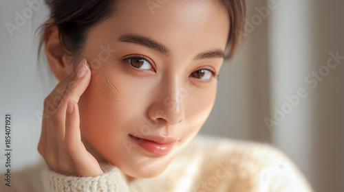 頬にファンデーションを塗りスキンケアをする美肌の若いアジア人女性のクローズアップ