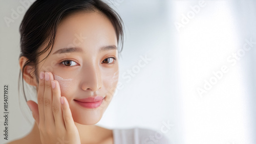 顔に保湿クリームを塗りスキンケアをする美しい肌の若いアジア人女性