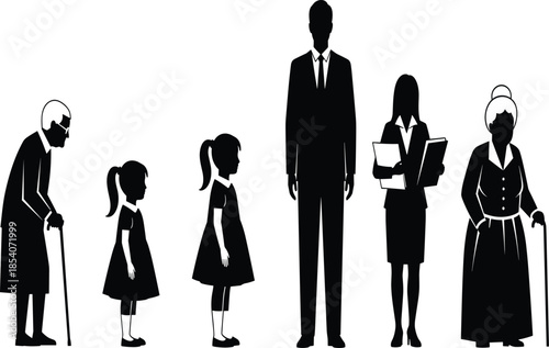 Human life stages silhouettes collection, childhood adulthood senior aging growth comparison, family generation evolution concept, black figures isolated on white
