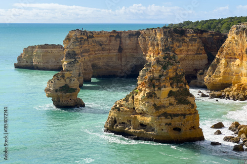 Aerial view of Marinha beach and Mesquita beach. Beautiful beach in the Carvoeiro, in Algarve, Portugal