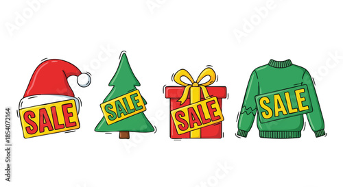 Christmas Sale Icons Featuring Festive Items with Promotional Signage
