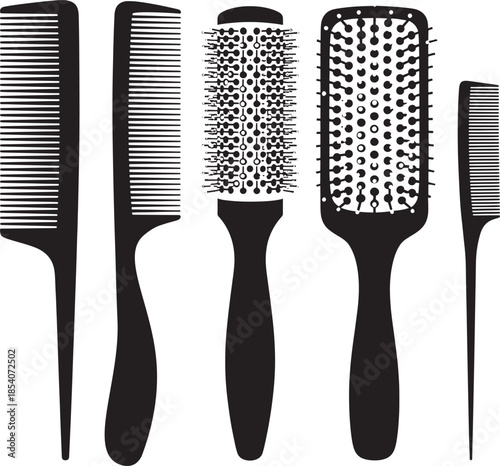 Set of various combs and hair brushes isolated