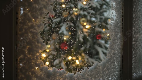 Cozy Christmas Wreath with Warm Fairy Lights Framed by Snow-Dusted Window