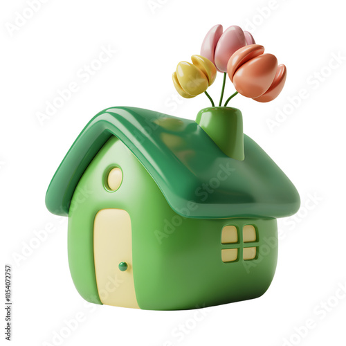 Green House with Colorful Tulips on Roof