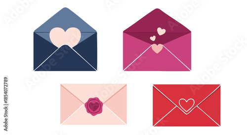 Envelopes with heart motifs and sealing wax depicting love messages on a white background illustration