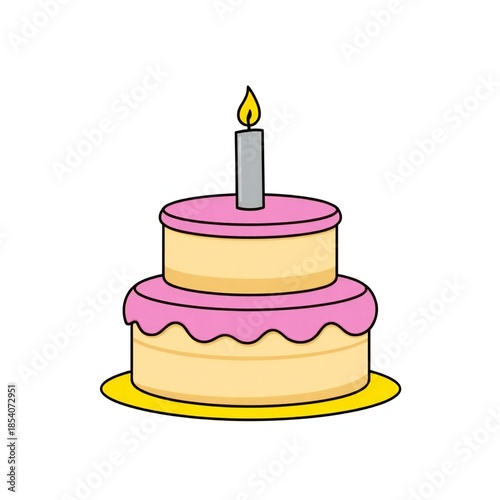 Simple two tier birthday cake with pink frosting and candle