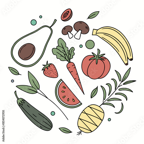 Fresh Food Ingredients Arranged In Circular Balanc
