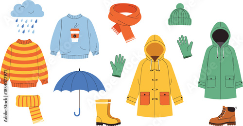 Autumn and rainy season clothing vector illustration set with jackets, sweaters, umbrella, boots and cold weather accessories