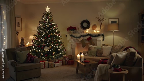 Cozy Festive Living Room Scene with a Decorated Christmas Tree, Stockings, and Warm Fireplace
