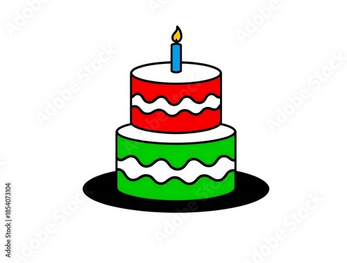 Two tier birthday cake with red and green frosting and a single candle