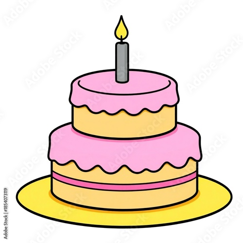 Simple cartoon illustration of a two tier birthday cake with pink frosting and a single candle