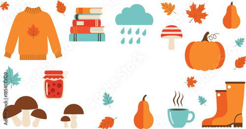 Autumn seasonal icons vector collection with sweater, leaves, pumpkin, mushrooms, rain, books and cozy fall elements