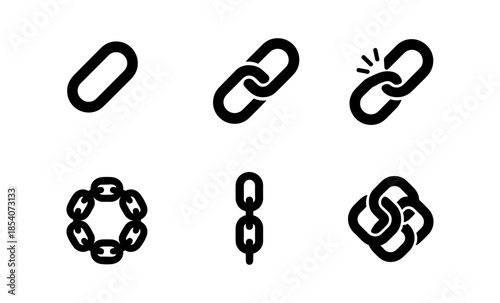 Collection of black chain link icons representing connection, strength, and broken links