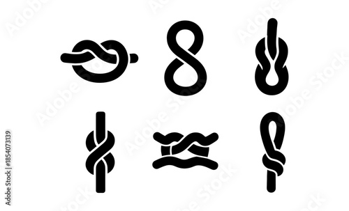 Collection of six different knot icons in black and white, representing various tying techniques