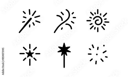 Collection of simple black line art icons representing fireworks and sparklers