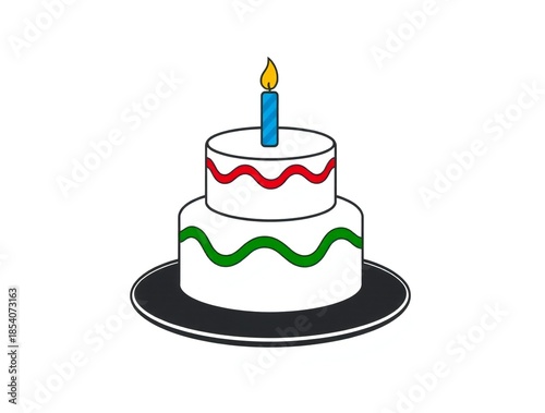 Simple two tier birthday cake with one lit candle