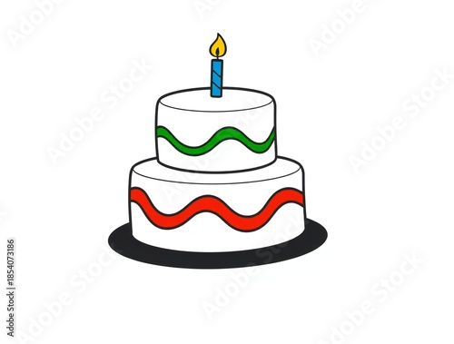 Simple cartoon drawing of a two tier birthday cake with a single candle