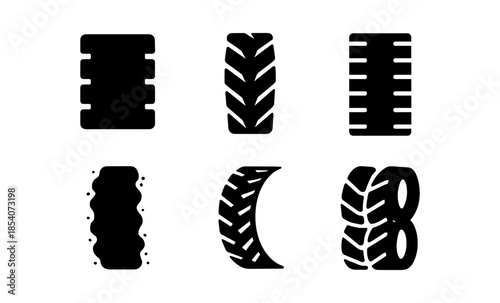 Collection of six different black tire tread icons on a white background