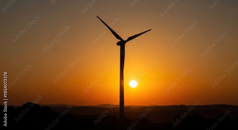 Fototapeta premium A wind turbine silhouetted against a vibrant orange and yellow sunset sky, with a mountain range in the background.