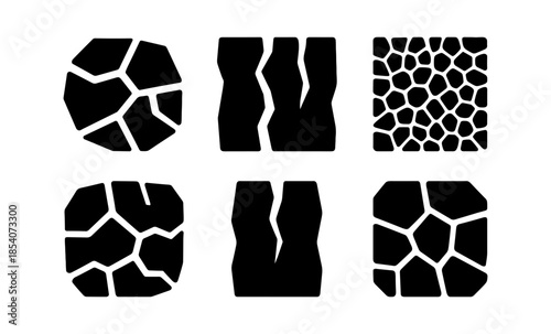 Collection of cracked and fragmented surface textures in black and white vector graphics