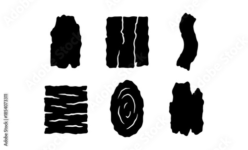 Collection of six black silhouettes of wood textures and tree bark patterns on a white background