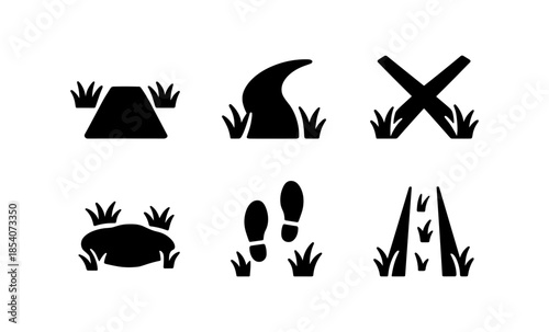 Set of six black icons representing different paths and trails through grass