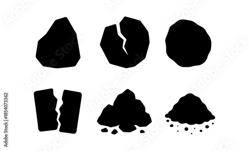 Collection of black silhouettes representing different forms of coal on a white background