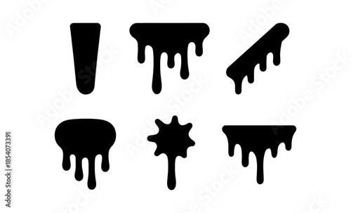 Collection of black dripping liquid shapes on a white background