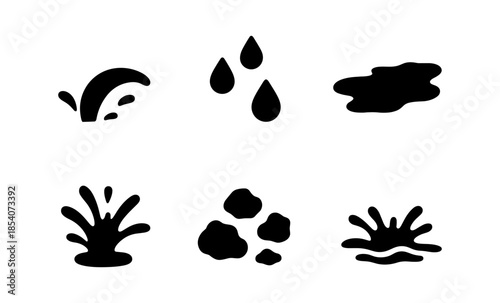 Collection of black liquid splash and drop icons on a white background