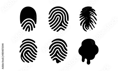 Collection of black fingerprint icons and a blob on a white background