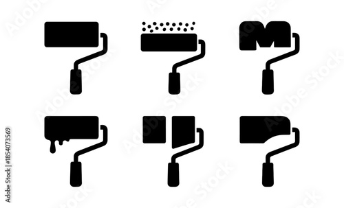 Set of six black paint roller icons with different textures and effects
