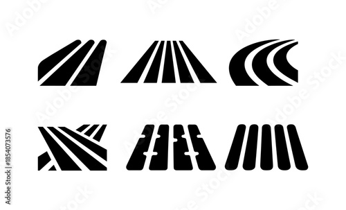 Set of six stylized agricultural field icons in black and white