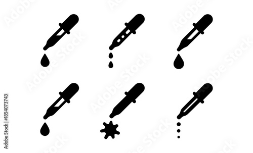 Set of six black dropper icons with liquid drops on a white background