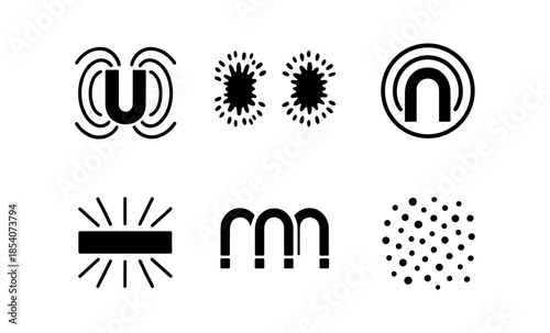 Collection of magnetic field and magnet icons in a simple black and white graphic style