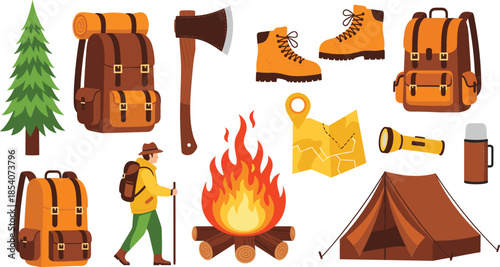 Camping and hiking equipment vector illustration set with backpack, tent, campfire, boots, map and outdoor gear