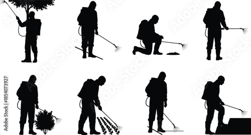 Pest control worker silhouettes set, exterminator spraying plants ground trees, disinfection sanitation service, professional safety equipment, vector illustration isolated background