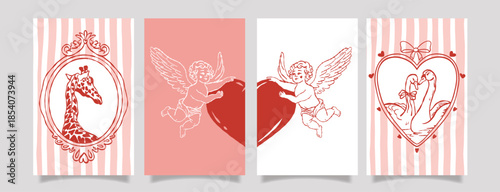 Romantic vintage Valentine’s Day card set with cupid angels, heart symbols and love animals. Red and pink hand drawn illustrations in retro style for wedding invitations, greeting cards, posters